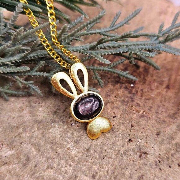 Silver Obsidian Flashy Stone Gold Matte Cute Bunny Pendant Necklace - Picture 6 of 10